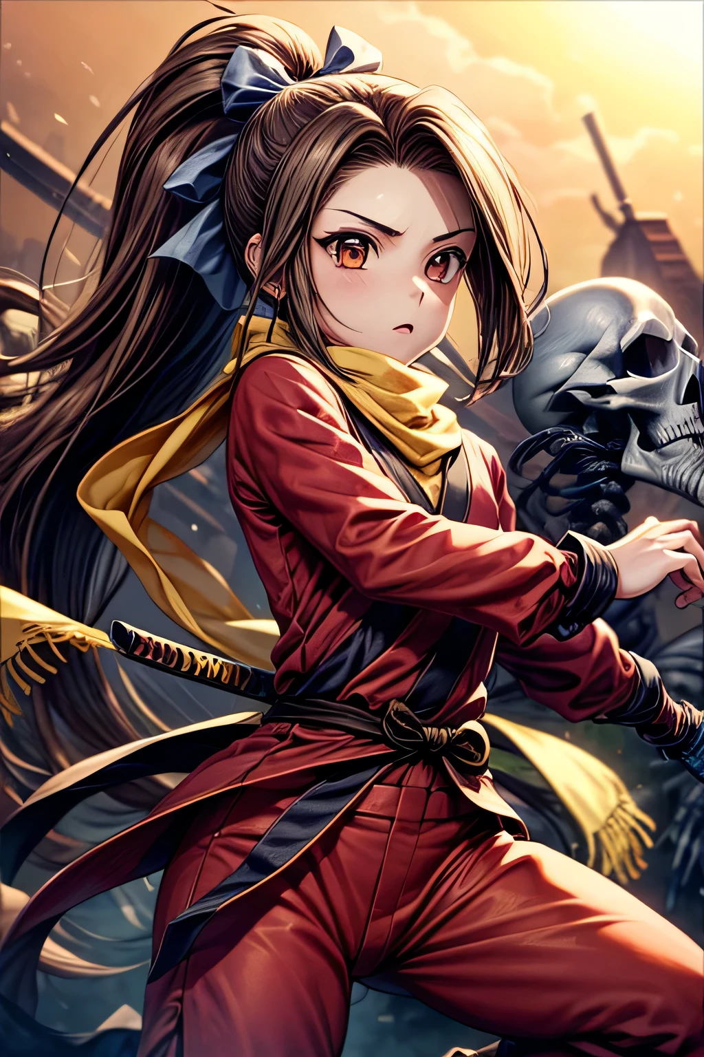 (masterpiece, best quality, ultra detailed), ((1girl)), brown hair, short katana, action pause, Fujibayashi Suzu, (red clothes), 6yo, pony tail, long hair, yellow scarf, dynamic pause,(((skelton))), battle between girl and monster,kunoichi,