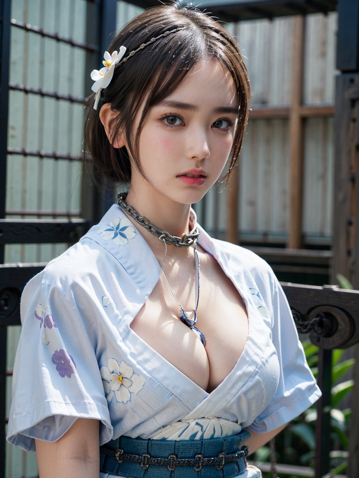 (41k4:0.72), (aika-sawaguchi:0.6), masterpiece, Best Quality, 8K, Raw photo, top-notch quality, masterpiece, (wearing white yukata with a flower pattern:1.7), (exceptionally detailed RAW color photo, professional-grade photograph), (facing viewer:1.5), (BDSM:1.5), (bondage:1.7), (shackled:2.2), (chained:1.9), (slave:1.7), (wearing slave collar:1.7), (looking at viewer:1.4), (Realistic, Photorealistic:1.37), (highly detailed skin:1.2), Ultra-high resolution, (lens 50mm), (masterpiece, top-quality:1.3), (hyper realistic:1.35), (Photorealistic:1.45), (Realistic:1.4), ((solo)), (1 pretty Japanese girl), 21 years old, Japanese idol, supermodel, pale skin, (slim:1.3), (slim body:1.25), (slender body:1.25), (narrow waist:1.35), pretty face, (large breasts:1.15), (deep cleavage:1.4)