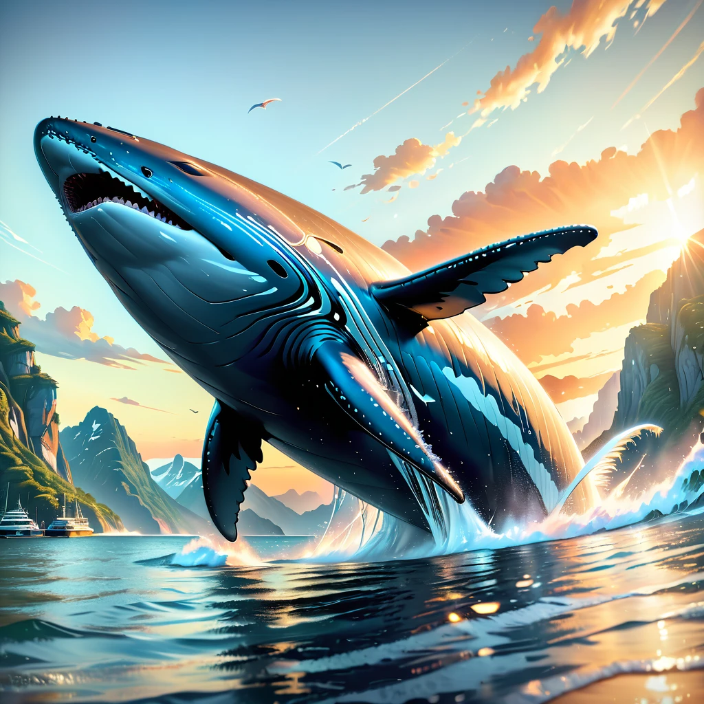 Humpback whale soar high in the sky,  (masterpiece:1.2), best quality, high quality, ultra high res, (hyper detailed), absurdres, absolutely resolution,4K, ultra HD, insanely detailed and intricate, high resolution, HDR, detailed background, beautifully, aesthetic,