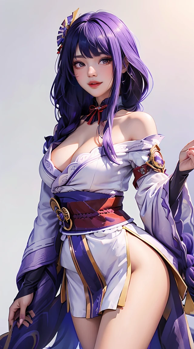 1girl, flat bangs, braids, wide sleeves, hair accessories, kimono, red belt, (purple hair:1.2), very long hair, straight hair, looking at the audience, plain white background, (realism: 1.2), detailed eyes, red eye shadow, depth of field, symmetrical eyes, cleavage, dancing, (masterpiece, top quality, best quality, official art, beauty and aesthetics: 1.2), (1 girl), extreme detail, (fractal art: 1.5), highest detail, [blue feathers|purple feathers] hair, Very long hair, (scattered), (flowing hair: 1.5), hair background, bare shoulders, (collarbone: 0.9), smile, big breasts, 36d, big breasts, sexy, buttocks, hot, big breasts, cleavage, big , detailed, white background