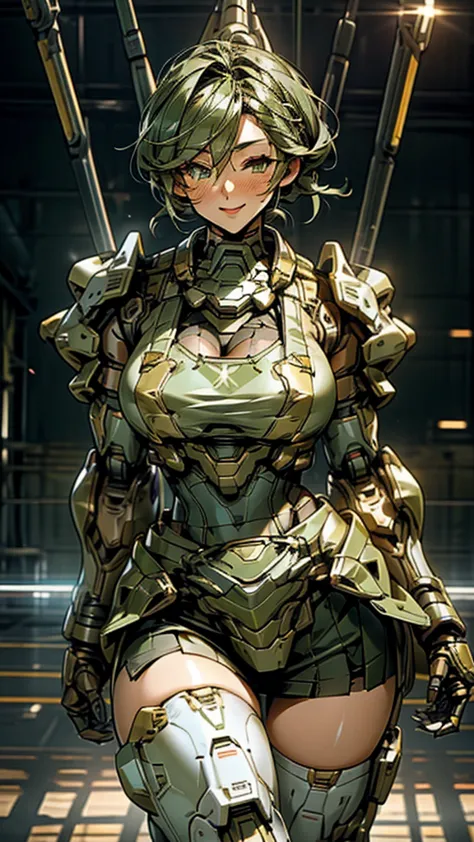 Military green translucent armor，Arm mecha，light blue short hair，Braided hairstyle，Large Breasts，Cleavage，Pistol hanging from wa...