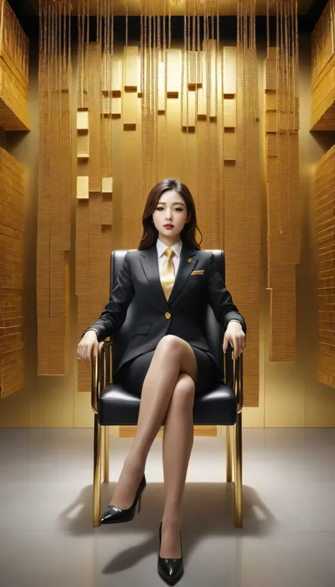 There are lots of gold bars hanging on the wall, Woman sitting on chair, Girl in suit, Girl in suit, Businesswoman, Woman in a b...
