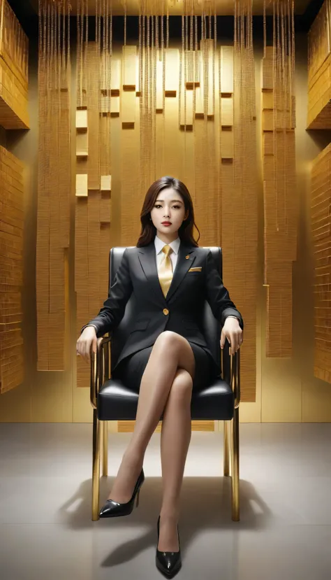 there are lots of gold bars hanging on the wall, woman sitting on chair, girl in suit, girl in suit, businesswoman, woman in a b...