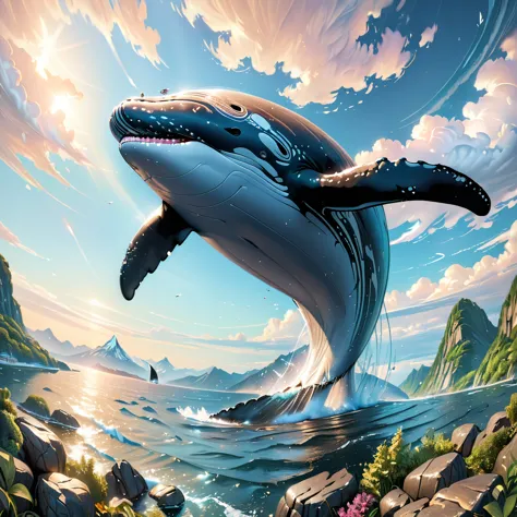 humpback whale soar high in the sky, (masterpiece:1.2), best quality, high quality, ultra high res, (hyper detailed), absurdres,...