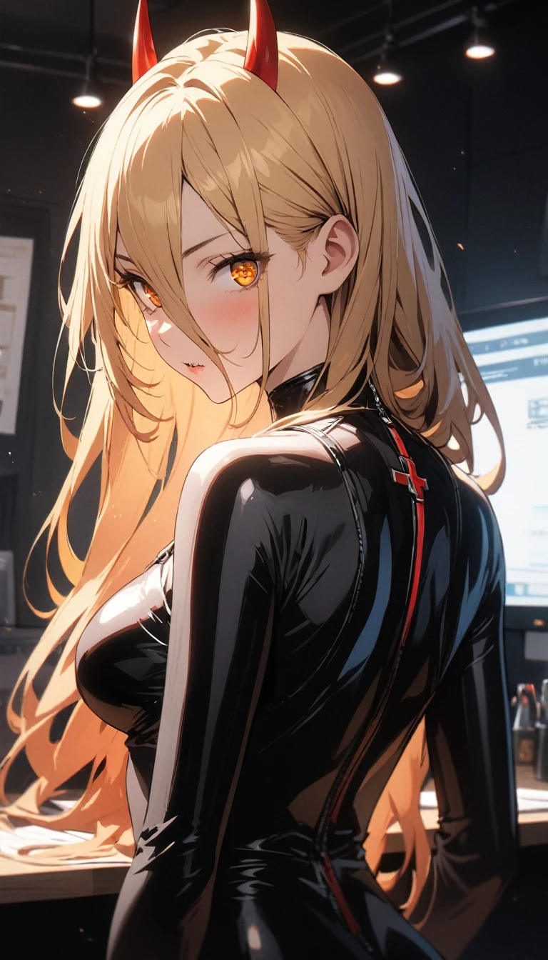 1girl, PowerV2, long hair, blonde hair, (red horns:1.1), (cross-shaped pupils:1.3), symbol-shapedpupils, yellow eyes, sharp teeth, BREAK wear tight black latex clothes BREAK black tight latex pants, view from behind, BREAK indoors, office, BREAK (masterpiece:1.2), best quality, high resolution, unity 8k wallpaper, (illustration:0.8), (beautiful detailed eyes:1.6), extremely detailed face, perfect lighting, extremely detailed CG, (perfect hands, perfect anatomy),