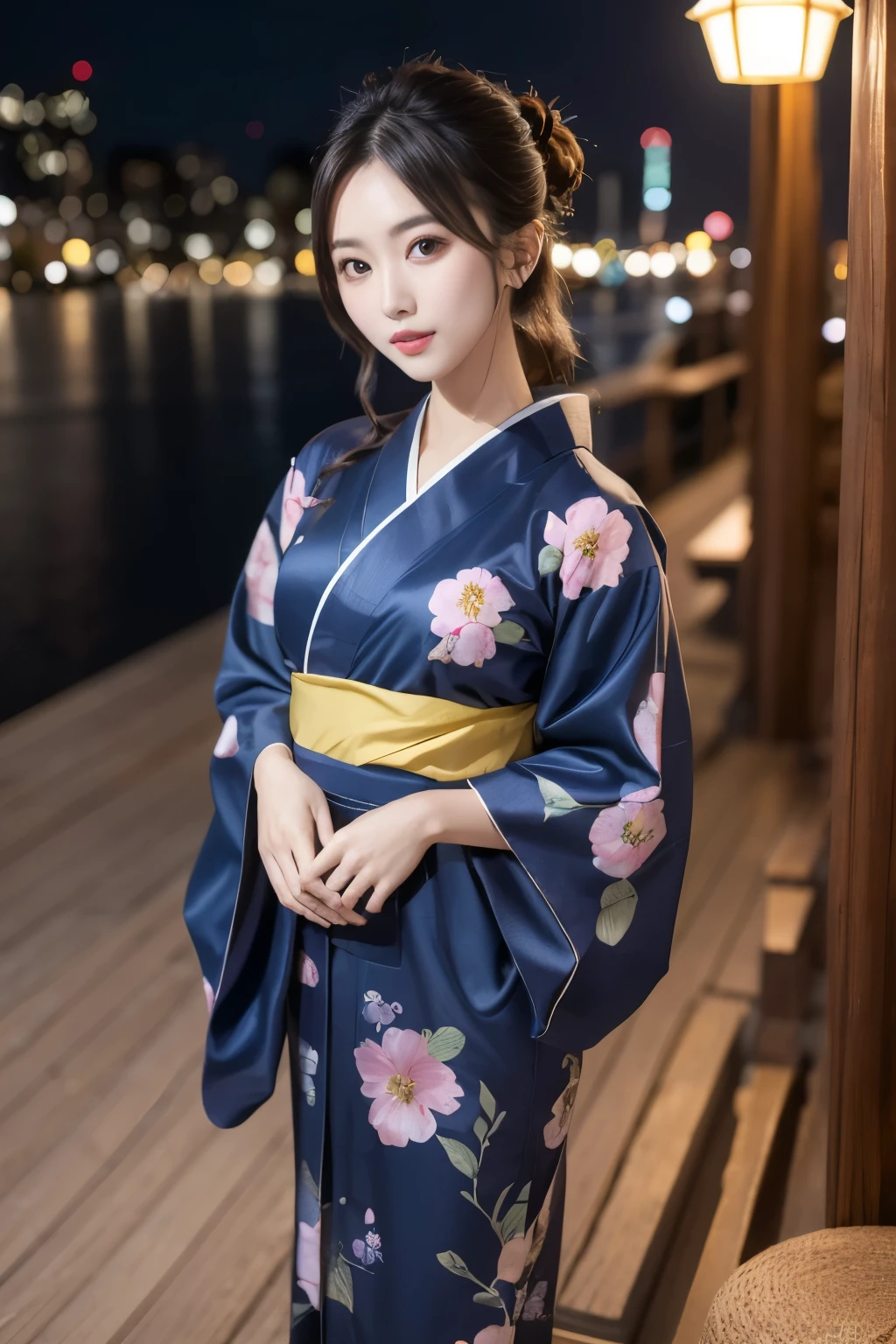 ((la plus haute qualité)), ((chef-d&#39;œuvre)), (détaillé), Une fille, Yukata traditionnel、Bleu foncé、Floral、glamour、Vue nocturne