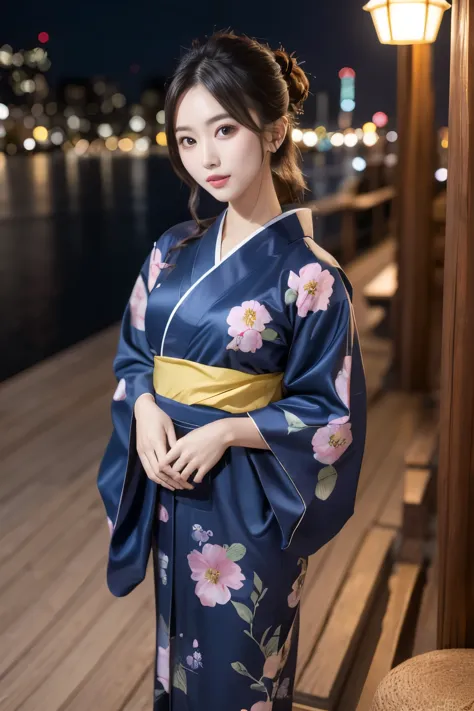 ((Highest quality)), ((masterpiece)), (detailed), One girl, Traditional Yukata、Dark Blue、Floral、glamorous、Night view