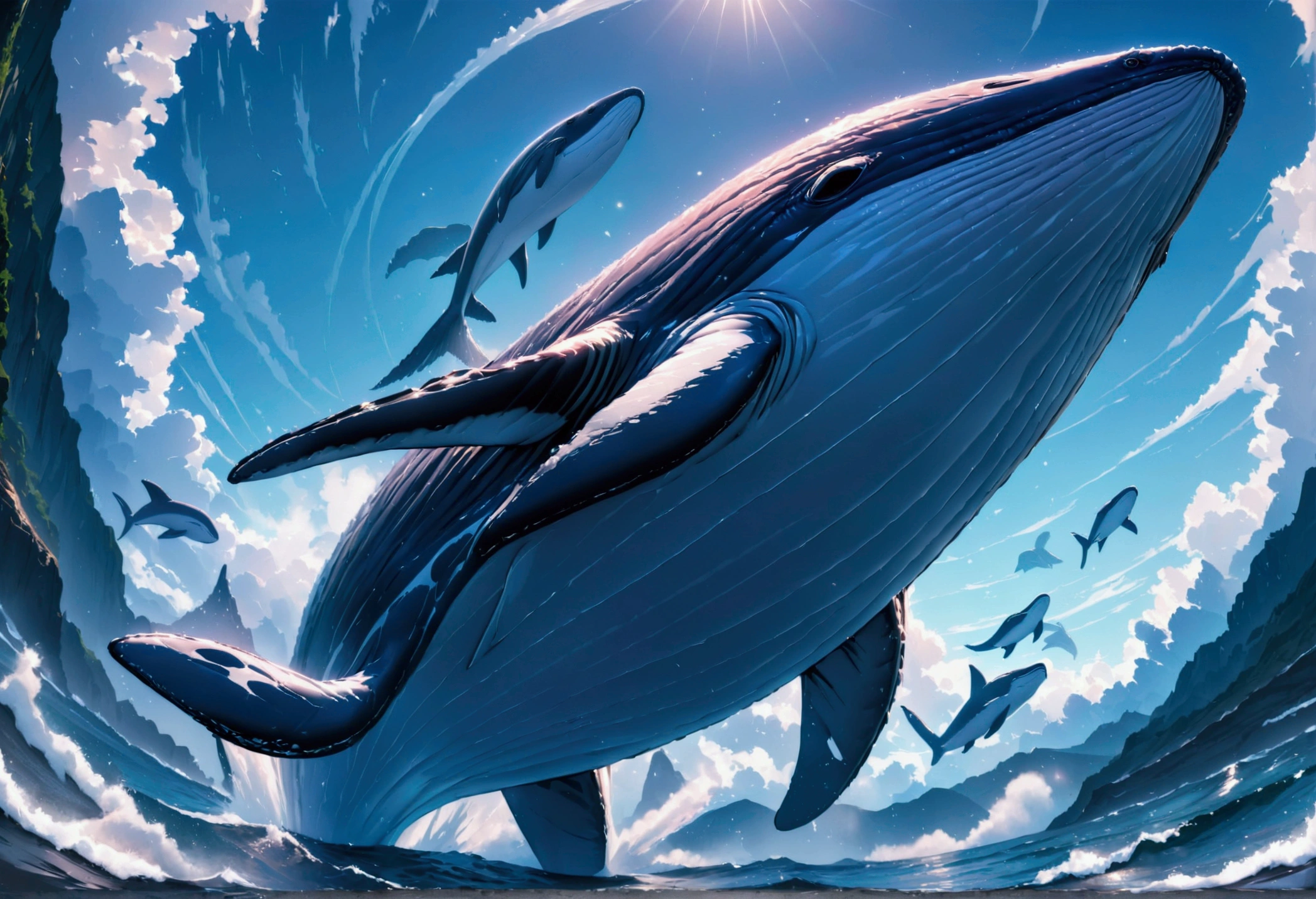 Humpback whales soar into the sky, (masterpiece:1.2), best quality, high quality, ultra high res, (hyper detailed), absurdres, absolutely resolution,4K, ultra HD, insanely detailed and intricate, high resolution, HDR, aesthetic,