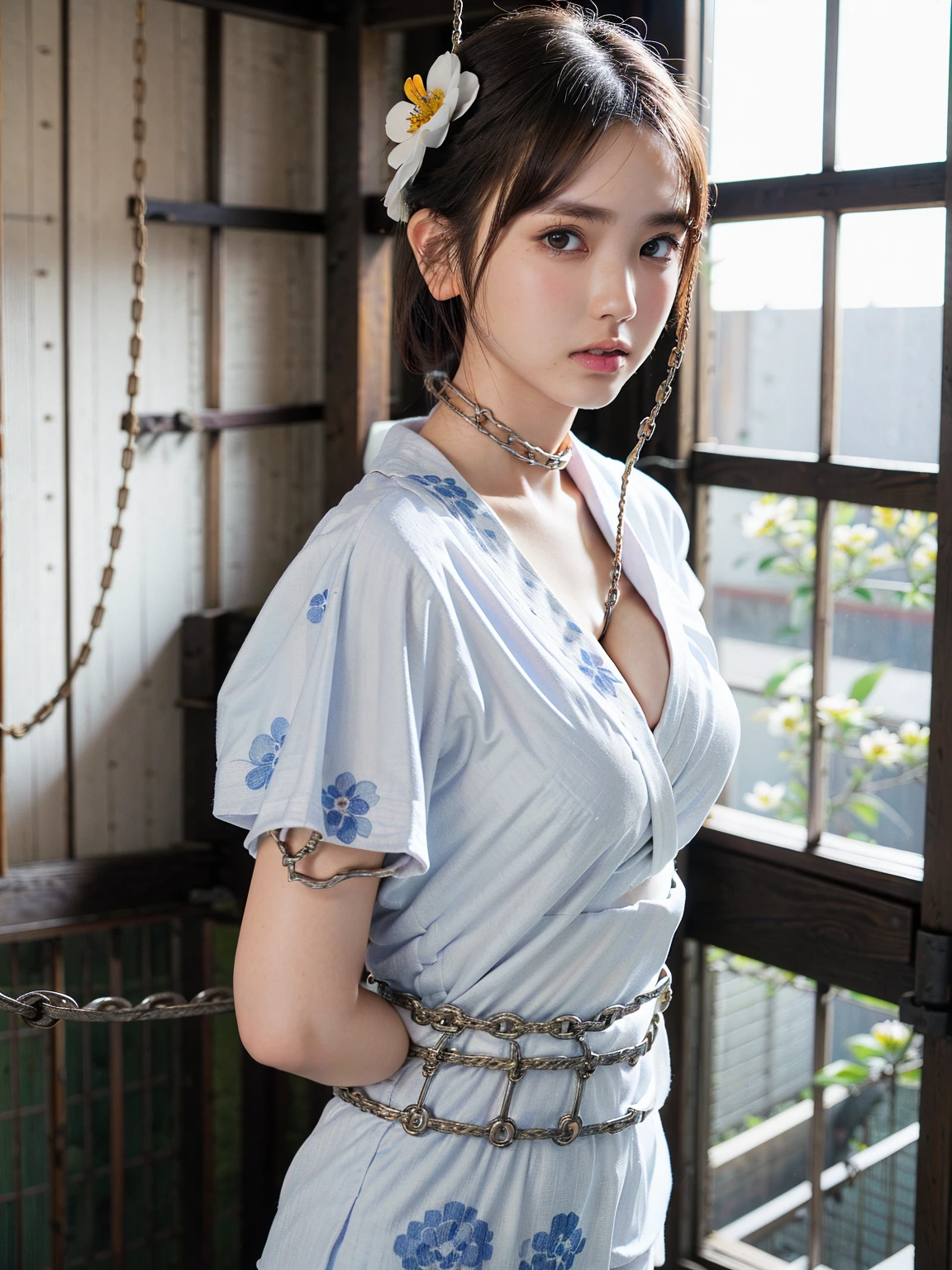 (41k4:0.72), (aika-sawaguchi:0.6), masterpiece, Best Quality, 8K, Raw photo, top-notch quality, masterpiece, (wearing white yukata with a flower pattern:1.7), (exceptionally detailed RAW color photo, professional-grade photograph), (facing viewer:1.5), (BDSM:1.5), (bondage:1.7), (shackled:2.2), (chained:1.9), (slave:1.7), (wearing slave collar:1.6), (looking at viewer:1.4), (Realistic, Photorealistic:1.37), (highly detailed skin:1.2), Ultra-high resolution, (lens 50mm), (masterpiece, top-quality:1.3), (hyper realistic:1.35), (Photorealistic:1.45), (Realistic:1.4), ((solo)), (1 pretty Japanese girl), 21 years old, Japanese idol, supermodel, pale skin, (slim:1.3), (slim body:1.25), (slender body:1.25), (narrow waist:1.35), pretty face, (large breasts:1.15), (deep cleavage:1.4)