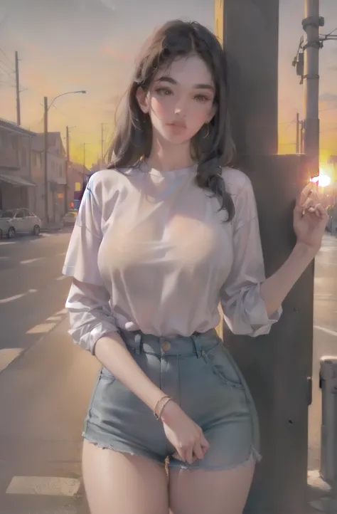 2.5D realistic anime, a (full body), young female hyperrealist, photorealistic, young female working class hero, workshirt, over...