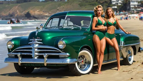 ((A realistic photo of a 1952 Dodge Kingsway Custom)),British Racing Green color with chrome mag wheels, parked at a surf beach ...