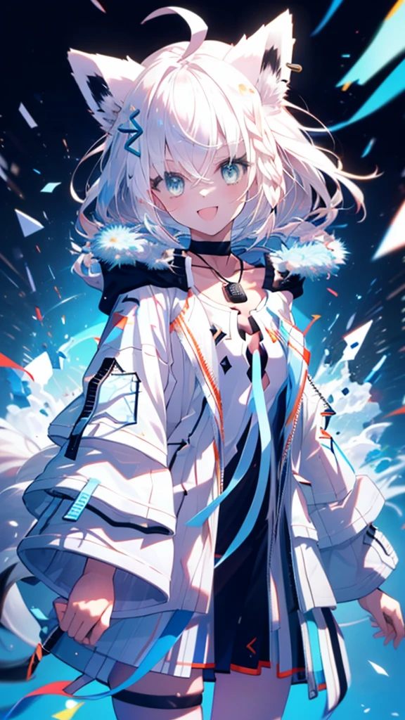 (Ultra-high resolution,masterpiece, Attention to detail, Highest quality), 8k,(eefbk, long hair, ahoge, animal ears, hair ornament, fox tail, black choker, collarbone, dog tags, fur-trimmed jacket, white jacket, open jacket, long sleeves, thigh strap),(Blessed,Captivating body、Ultra-detailed skin、Super beautiful eyes、Detailed Background),One girl、 (cheerful ,enjoy :1.5),