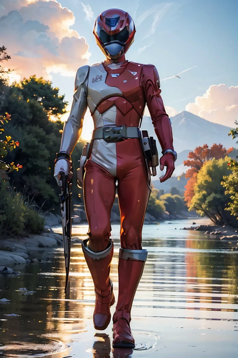 The sunset flies with the lonely geese in the distance, and the autumn river water and the vast sky are connected, icons,1boy, white, full body, Illustration, cinematic light, high resolution, best quality, ultra detailed, masterpiece, power suit, powerranger, suit, spd, (silver royal guard ranger suit), gold detail