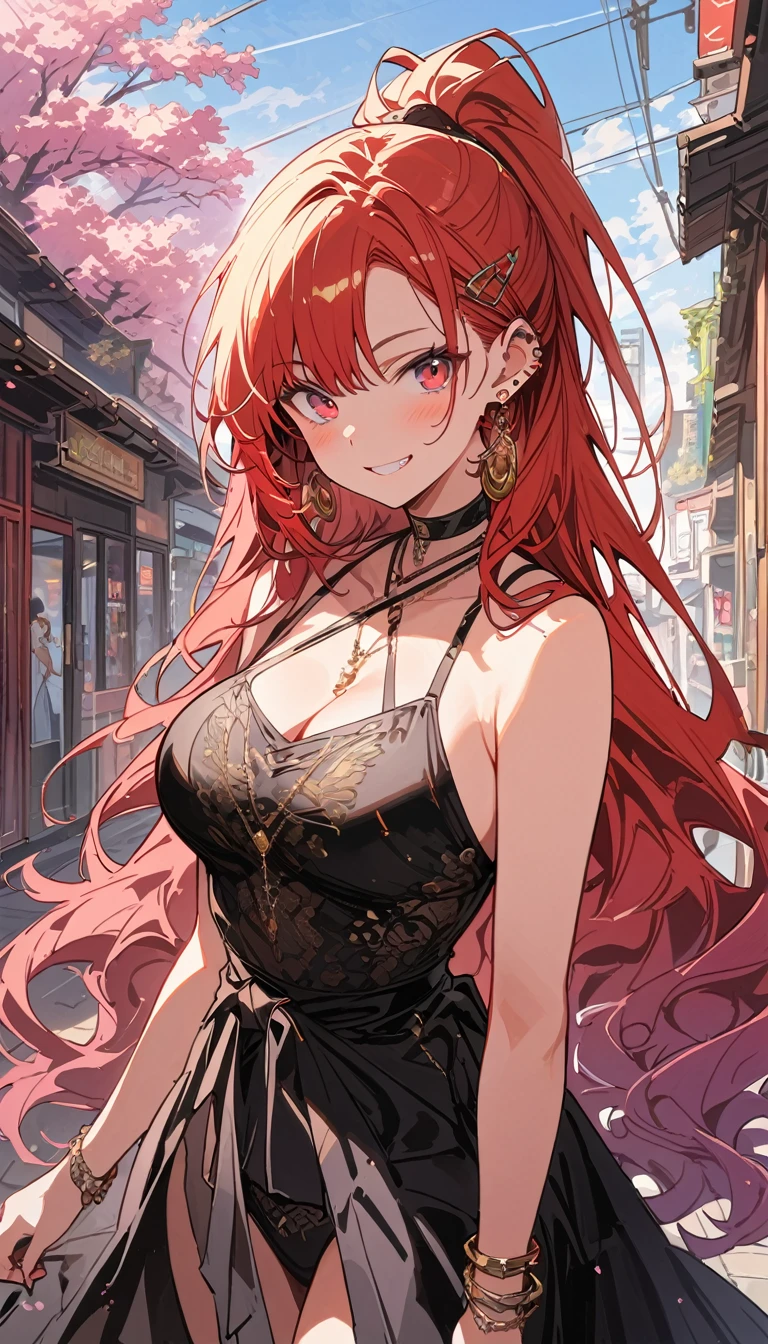 masterpiece, Highest quality, whole body, One girl, bangs, black choker, blush, bracelet, chest, choker, clothes The surrounding area waist, clavicle, Cowboy Shot, ear Earrings, Eyebrows visible through hair, Gradient Hair, Grin, fix, jewelry, Kogal, Long Hair, View Viewer, Earrings, Red eyes, ring, , smile, alone, street, null, cherry blossoms, petal,figure, (magazine:1.3), (cover-style:1.3), fashionable, woman, Vibrant, Pause, front, colorful, dynamic, background, element, have confidence, Performance, Holding, statement, accessories, Majestic, Coiled, The surrounding area, touch, scene, article, cover, bold, to attract attention, title, stylish, font, Catchy, Heading, big, impressive, Modern, trend, concentrated, fashion,((masterpiece)), Highest quality, Absurd, Super detailed, Holographic, Cowboy Shot, ダイナミックなPause, Golden Ratio, Very cute girl, Mature Girls, Very beautiful, Super beautiful asian girl with super beautiful purple eyes, Very beautiful hair, Shiny skin, High Ponytail, nice and sexy body, Slim and delicate body, Perfect body, Cute Panties, Fox Headset, Get your picture taken in a cute alien spaceship,naked,Big Breasts,Sexy
