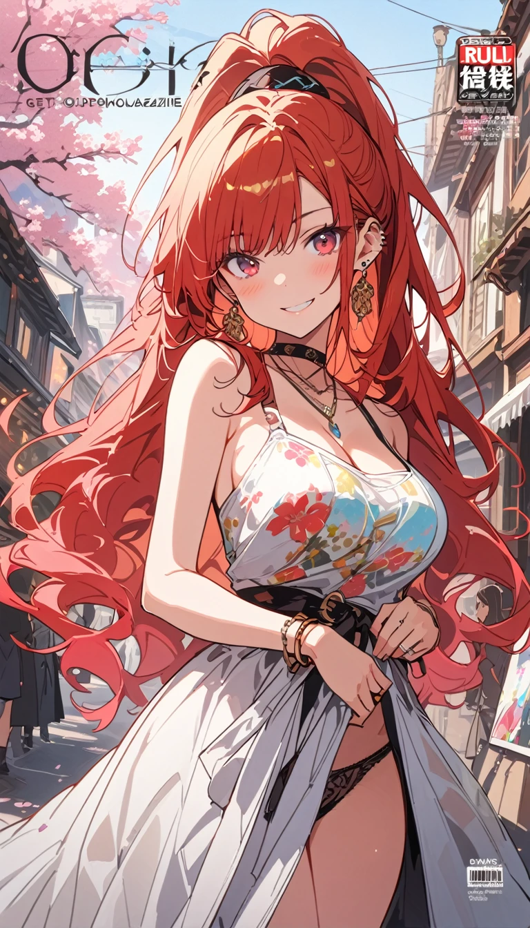 masterpiece, Highest quality, whole body, One girl, bangs, black choker, blush, bracelet, chest, choker, clothes The surrounding area waist, clavicle, Cowboy Shot, ear Earrings, Eyebrows visible through hair, Gradient Hair, Grin, fix, jewelry, Kogal, Long Hair, View Viewer, Earrings, Red eyes, ring, , smile, alone, street, null, cherry blossoms, petal,figure, (magazine:1.3), (cover-style:1.3), fashionable, woman, Vibrant, Pause, front, colorful, dynamic, background, element, have confidence, Performance, Holding, statement, accessories, Majestic, Coiled, The surrounding area, touch, scene, article, cover, bold, to attract attention, title, stylish, font, Catchy, Heading, big, impressive, Modern, trend, concentrated, fashion,((masterpiece)), Highest quality, Absurd, Super detailed, Holographic, Cowboy Shot, ダイナミックなPause, Golden Ratio, Very cute girl, Mature Girls, Very beautiful, Super beautiful asian girl with super beautiful purple eyes, Very beautiful hair, Shiny skin, High Ponytail, nice and sexy body, Slim and delicate body, Perfect body, Cute Panties, Fox Headset, Get your picture taken in a cute alien spaceship,naked,Big Breasts,Sexy
