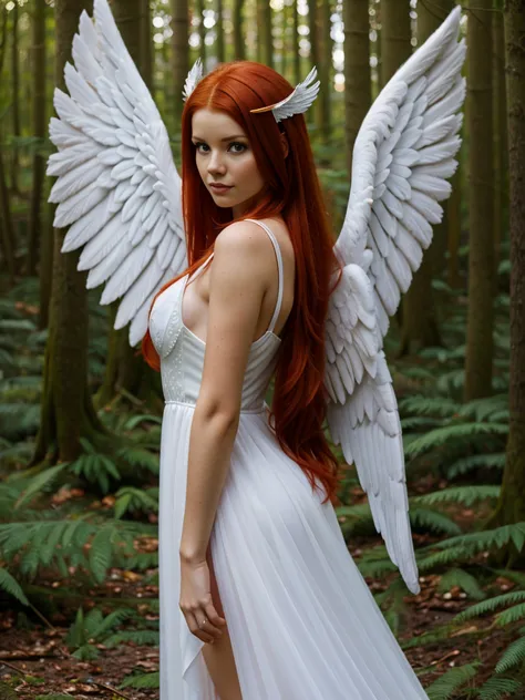 woman with red hair and angel wings in a forest, girl with angel wings, wearing angel halo, angel themed, angel-themed, white wi...