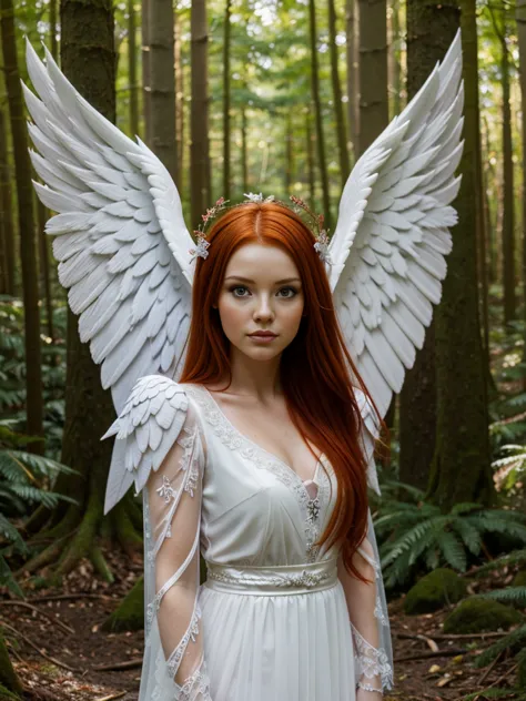 woman with red hair and angel wings in a forest, girl with angel wings, wearing angel halo, angel themed, angel-themed, white wi...