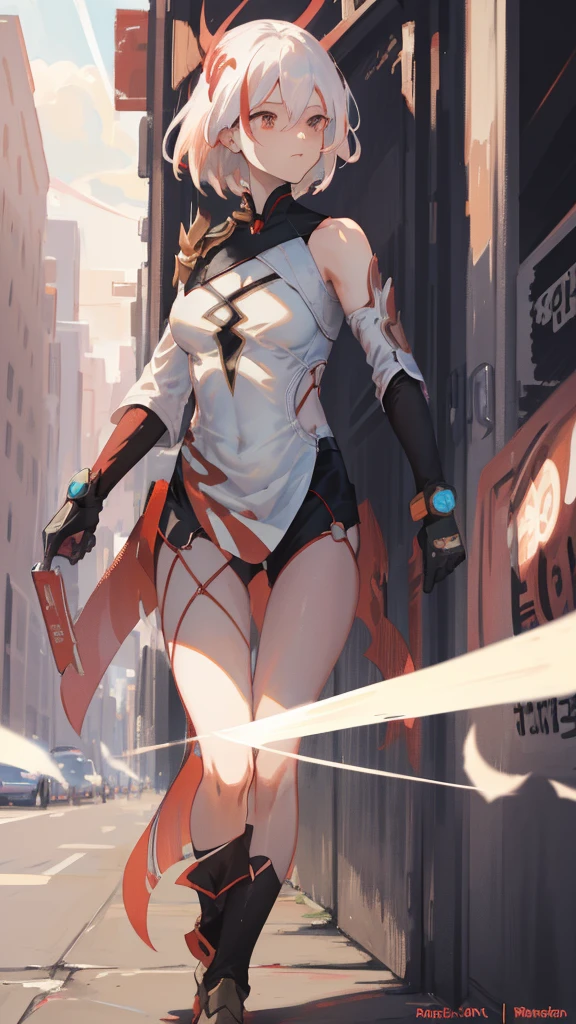 short hair, white hair with a red stripe, cinematic, HD, detailed, dynamic, striking, Awesome, 1girl, fullbody, splashart, medium breasts, medium rear, medium , medium ass.