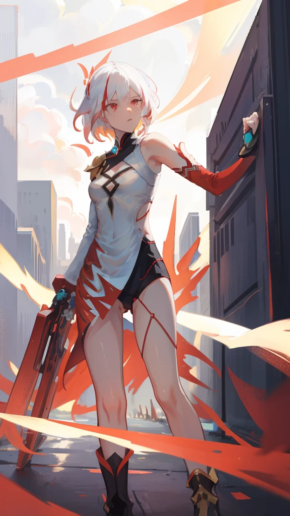 short hair, white hair with a red stripe, cinematic, HD, detailed, dynamic, striking, Awesome, 1girl, fullbody, splashart, medium breasts, medium rear, medium , medium ass.