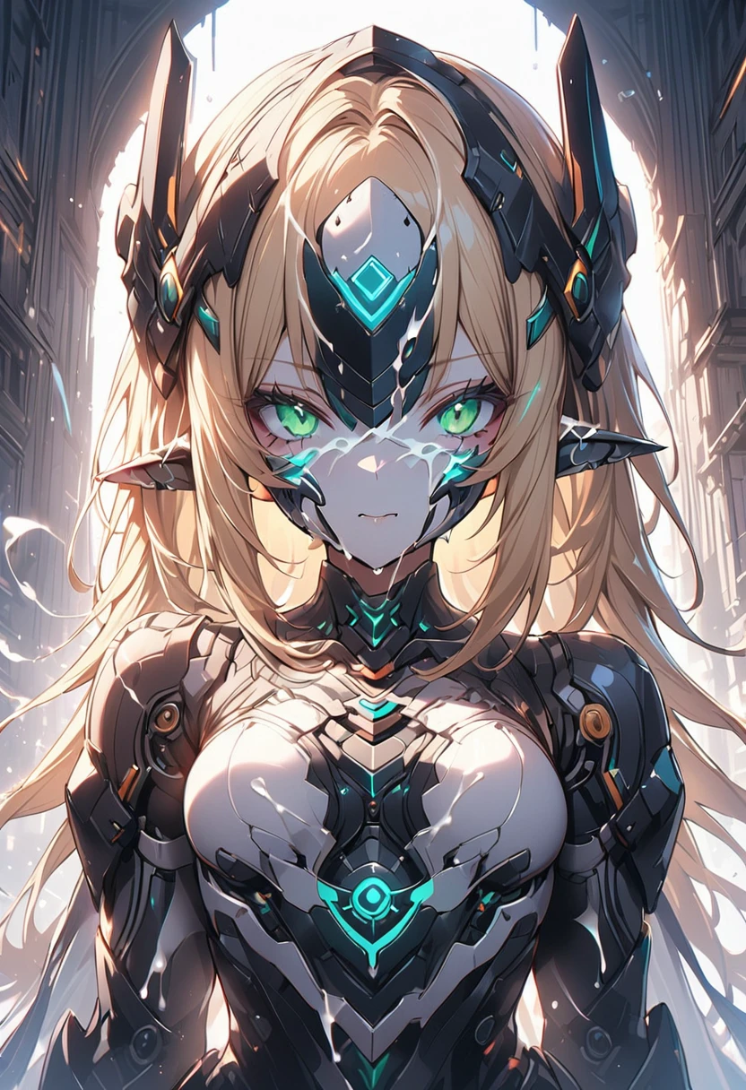 ((masterpiece,High resolution,Highest quality,8k))
(One ELF girl,quiet,6 years old,Blonde Bob Hair,No bangs,Wide forehead,Center Part,Beautiful hair quality,Transparent skin,Big green eyes,,Small breasts,Slim body)(Female Robot,60% mechanical body,mechanical helmet,Blindfold helmet)
(White coloring) ((A lot of white liquid on the face,Bukkake,Spray  onto face))