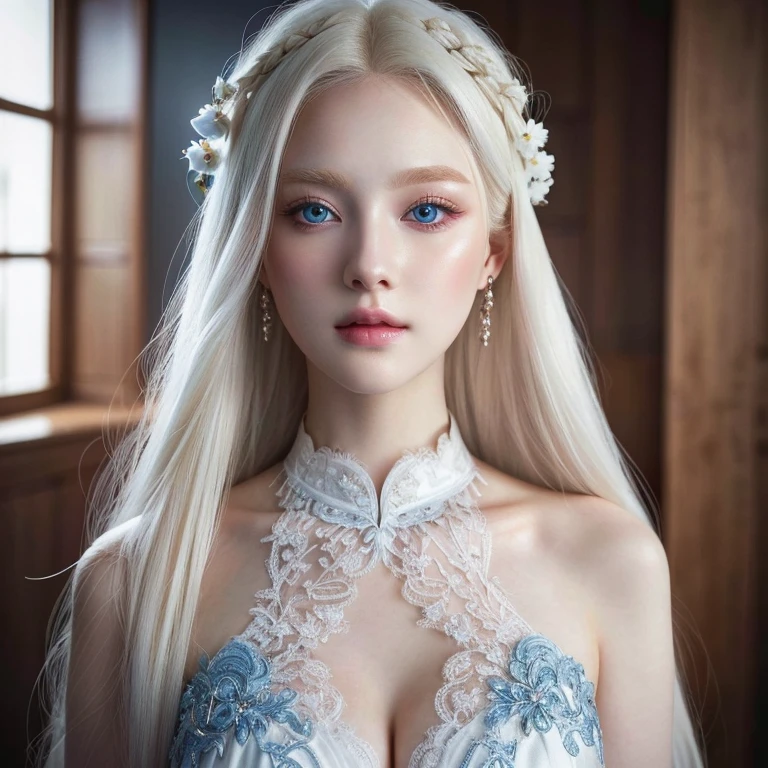 a closeup of a woman with long blonde hair and blue eyes, Perfect white hair girl, ulzzang, girl with white hair, pale porcelain white skin, South Korean popular makeup, pale fur, beautiful aesthetic face, very very pale blonde hair, white hime cut hairstyle, Her hair is white, blackpink portrait&#39;jossi, korean girl, pale round face