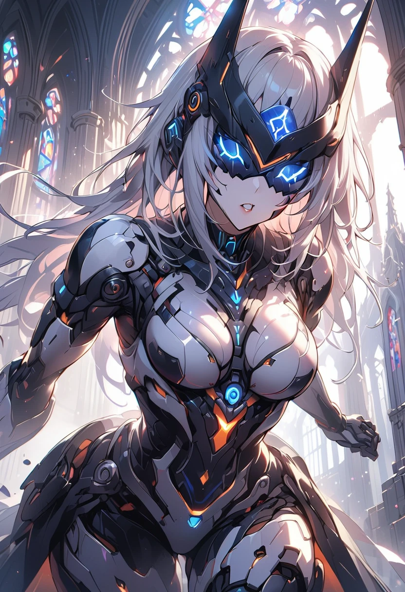 ((masterpiece,High resolution,Highest quality,8k))
(18-year-old female,Slender figure,medium breasts)
(Shining silver hair,semi-long,Messy Hair)
(Beautiful pale skin)
church,Stained glass(Female Robot,60% mechanical body,mechanical helmet,Blindfold helmet,Detailed lips) (Blue coloring)