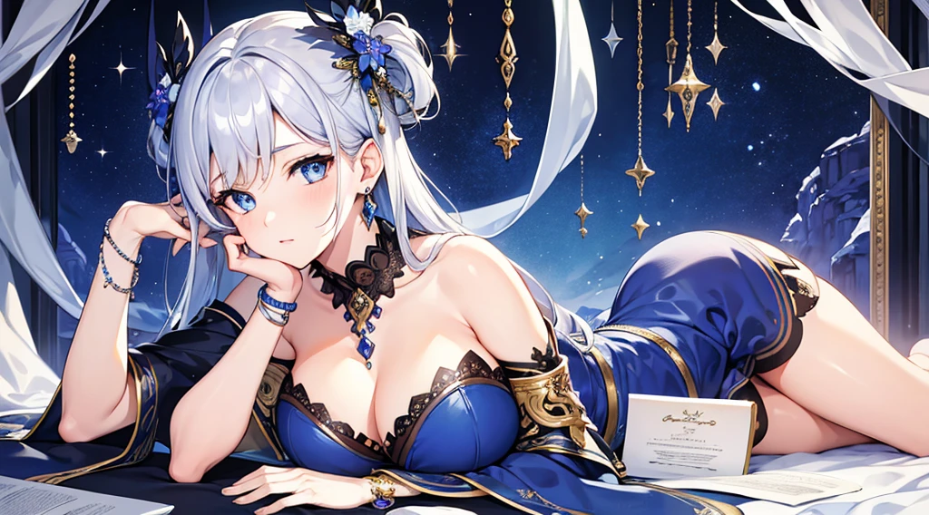 Highest quality, masterpiece, figure, wallpaper,One woman, Beautiful detailed woman, Highly detailed eyes and face, Beautiful attention to detail, Shine, View your viewers, Blue Eyes, Side Up,Beautiful silver hair ,crisp finger, clear background, deep night、Big earrings、bracelet,28 years old