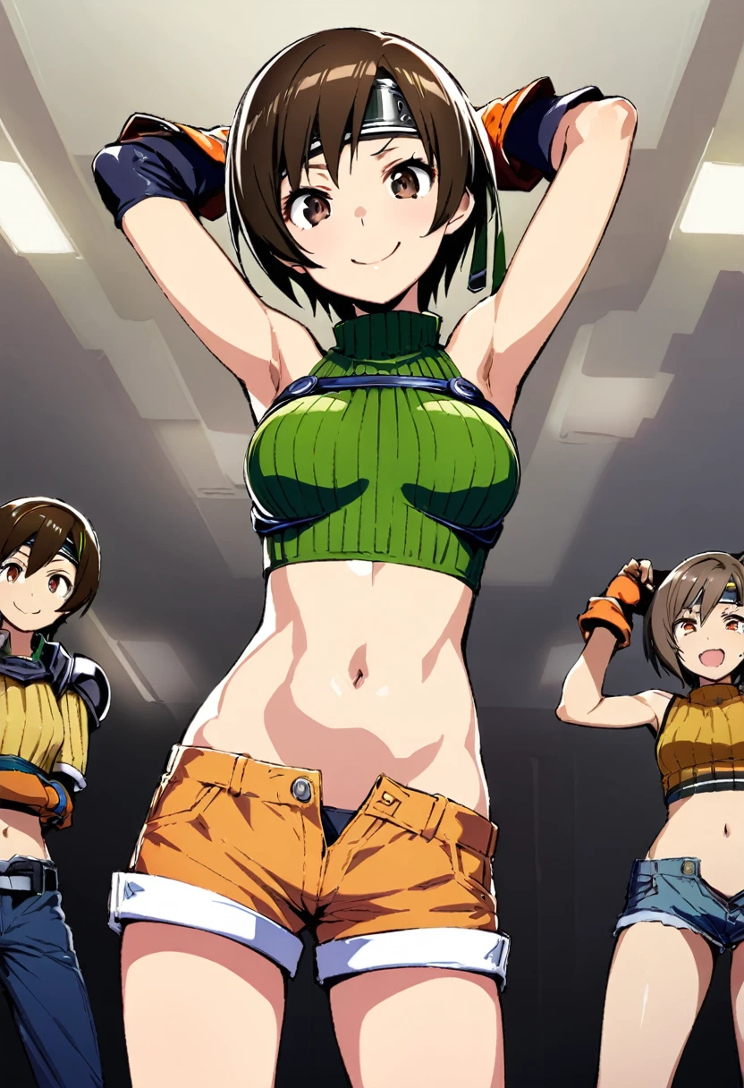 score_9, score_8_up, score_7_up,,BREAK , from below,navel below view.,mediumshot,(arms up,arms behind head,arms in hair),looking_at_viewer,1girl, yuffie kisaragi, final fantasy, short hair,headband,navel,sleeveless,turtleneck,brown eyes,sleeveless turtleneck,solo,breasts,looking at viewer,smile,gloves,crop top,brown hair,shorts,midriff,,sweater,open fly,armor,fingerless gloves,ribbed sweater,medium breasts,,smile,smug,best quality,aesthetic,very aesthetic,masterpiece,(high-resolution), 