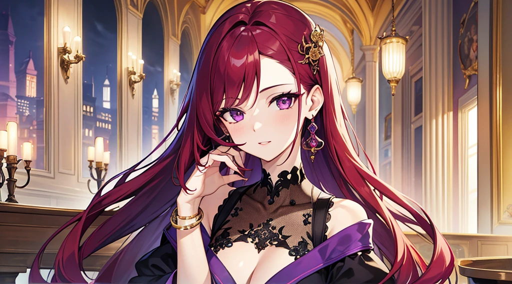 Highest quality, masterpiece, figure, wallpaper,One woman, Beautiful detailed woman, Highly detailed eyes and face, Beautiful attention to detail, Shine, View your viewers, Purple Eyes,,Bright Red Hair ,crisp finger, clear background, deep night、Big earrings、bracelet,28 years old,Are standing