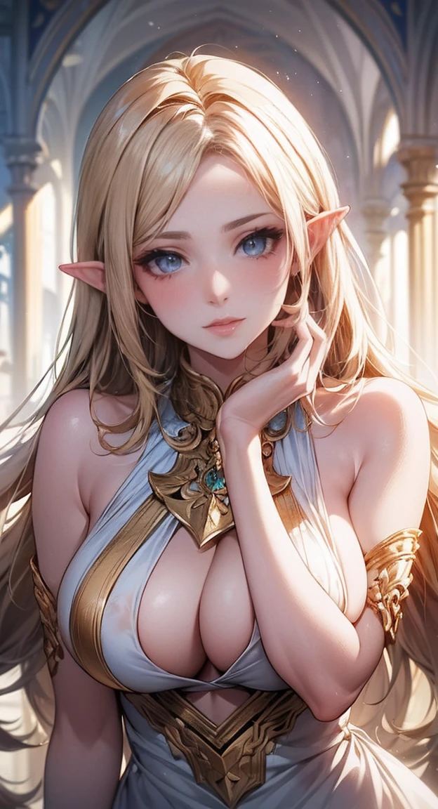 (Masterpiece: 1.2), (best quality: 1.2) , Holy elf in costume, voluptuous, mature, high (1.85), She appeared to be in her 30s., had long golden hair (gold), Hair is straight and shiny. , golden eyes like sunlight, Ultra-realistic eyes, ดวงตาที่มีรายละเอียดhigh, Eyes in proportion to your face, very detailed eyes, perfect eyes, Extremely realistic eyes, Eyes lined together, Long eyelashes, anime style, perfect face, The face of a milf , full lips, smile, mature, white skin, Natural body, ร่างกายsexy, MILF body, perfect hand, detailed hands, The hands are in good proportion to the body., realistic hand, The arm has good anatomy., She was wearing only a pristine white dress that still couldn&#39;t hide her large, voluminous breasts that hung down due to her size., thick thighs, wide hips, looking at the audience, Background settings, Setting up on a vegetable farm, vegetables in the background posing alone looking at the audience, (big tits),sexy, seductive pose, big breasts,Show your breasts,The cracks are clear....,((big tits))，(pubic bone), rift, visible chest,ท่าทางvoluptuous,I see bulging nipples.,(((large areolae:1.4,pink,The nipples are clearly visible.......))),((((pussy,bare female genitals))))