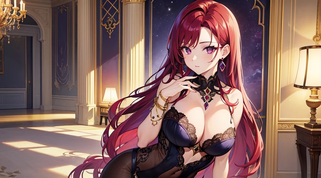 Highest quality, masterpiece, figure, wallpaper,One woman, Beautiful detailed woman, Highly detailed eyes and face, Beautiful attention to detail, Shine, View your viewers, Purple Eyes,,Bright Red Hair ,crisp finger, clear background, deep night、Big earrings、bracelet,28 years old,Are standing,gang