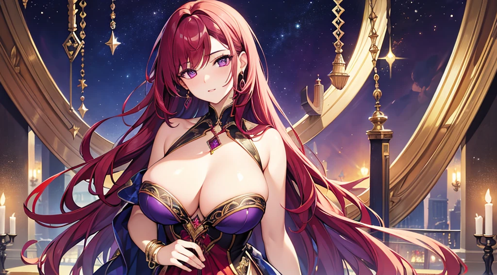 Highest quality, masterpiece, figure, wallpaper,One woman, Beautiful detailed woman, Highly detailed eyes and face, Beautiful attention to detail, Shine, View your viewers, Purple Eyes,,Bright Red Hair ,crisp finger, clear background, deep night、Big earrings、bracelet,28 years old,Are standing,gang