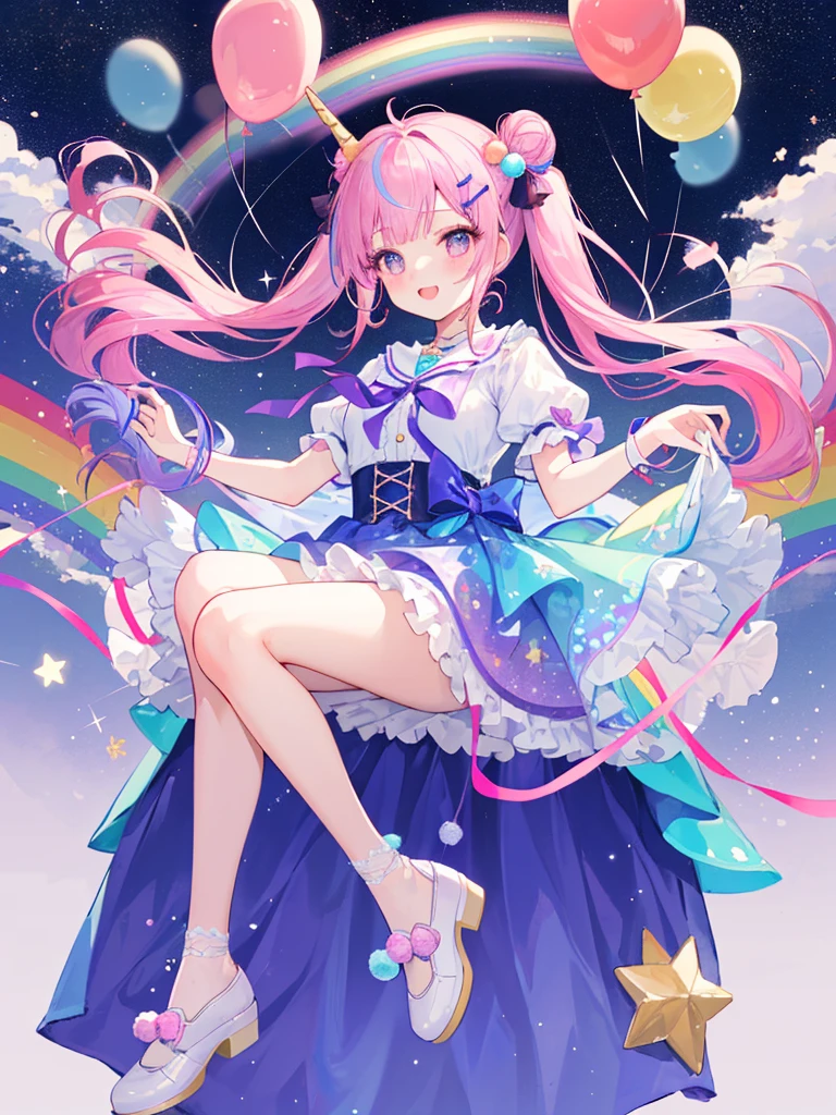 (whole body, legs and shoes visible: 1.2)) Expressive eyes, One girl, Pale skin, Long Hair, Windblown Hair, ((absurdly Long Hair)), Long Side Lock, Princess bangs, Hair bangs, Hair Bun, ((Very long twin tails)), Rainbow Hair, Light pink hair, blush, full face blush, big sparkling Pastel Purple eyes, (Gradient Eye), Laughing with your mouth open, cute pose, ((Holding a balloon : 1.3)) ((cute and pastel fashion)) ((🦄🎠🎈🎉 theme : 1.4)) A loose pastel dress, ((Dreamy multi-colored open dress)), (Floating ribbon), Lavender Frill, Pink frills, (Light blue lace), Removable short sleeves, Fluffy skirt, ((Rainbow and star printed skirt : 1.3)), Lolita Skirt, Purple ribbon, ((pom pom ribbon hair ornament : 1.4)), Multiple Bows, Striped lace stockings, (heart型のレッグガーター), cute (Pastel Purple) shoes ((Ultra-detailed clothing and fashion)) I&#39;m watching you, Vintage Girl, blush, (Beautiful attention to detail), (Highly detailed CG Unity 8k wallpaper) (Best Shadow), ((Very delicate and beautiful)), (Detailed light), ((Depth of written boundary)) Big Head, Big, bright eyes, Moe, Splash Art, Cinema Lighting, Front view, volumetric lighting maximalist photo illustration k resolution high resolution intricate detailed complex key visuals precise linear ((Dreamy pastel sky background, Surrounded by sunset clouds, shooting star, Castle above the clouds)) ((Ultra-detailed landscapes, Foggy clouds, Hung by balloons, heart : 1.3))