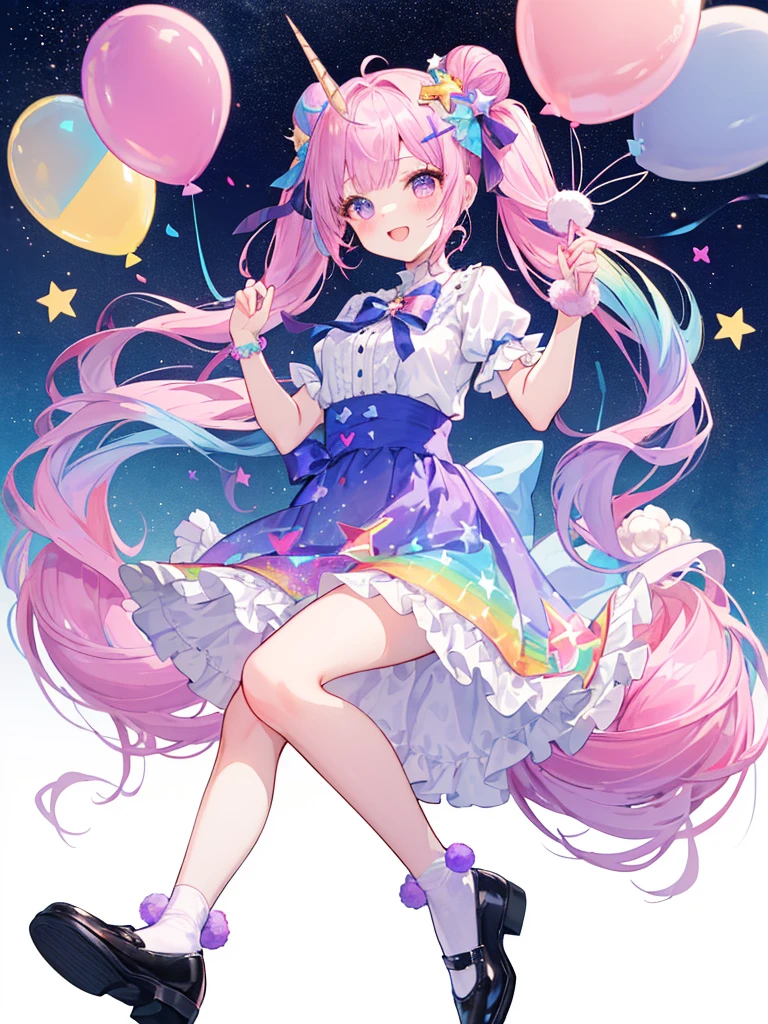 (whole body, legs and shoes visible: 1.2)) Expressive eyes, One girl, Pale skin, Long Hair, Windblown Hair, ((absurdly Long Hair)), Long Side Lock, Princess bangs, Hair bangs, Hair Bun, ((Very long twin tails)), Rainbow Hair, Light pink hair, blush, full face blush, big sparkling Pastel Purple eyes, (Gradient Eye), Laughing with your mouth open, cute pose, ((Holding a balloon : 1.3)) ((cute and pastel fashion)) ((🦄🎠🎈🎉 theme : 1.4)) A loose pastel dress, ((Dreamy multi-colored open dress)), (Floating ribbon), Lavender Frill, Pink frills, (Light blue lace), Removable short sleeves, Fluffy skirt, ((Rainbow and star printed skirt : 1.3)), Lolita Skirt, Purple ribbon, ((pom pom ribbon hair ornament : 1.4)), Multiple Bows, Striped lace stockings, (heart型のレッグガーター), cute (Pastel Purple) shoes ((Ultra-detailed clothing and fashion)) I&#39;m watching you, Vintage Girl, blush, (Beautiful attention to detail), (Highly detailed CG Unity 8k wallpaper) (Best Shadow), ((Very delicate and beautiful)), (Detailed light), ((Depth of written boundary)) Big Head, Big, bright eyes, Moe, Splash Art, Cinema Lighting, Front view, volumetric lighting maximalist photo illustration k resolution high resolution intricate detailed complex key visuals precise linear ((Dreamy pastel sky background, Surrounded by sunset clouds, shooting star, Castle above the clouds)) ((Ultra-detailed landscapes, Foggy clouds, Hung by balloons, heart : 1.3))