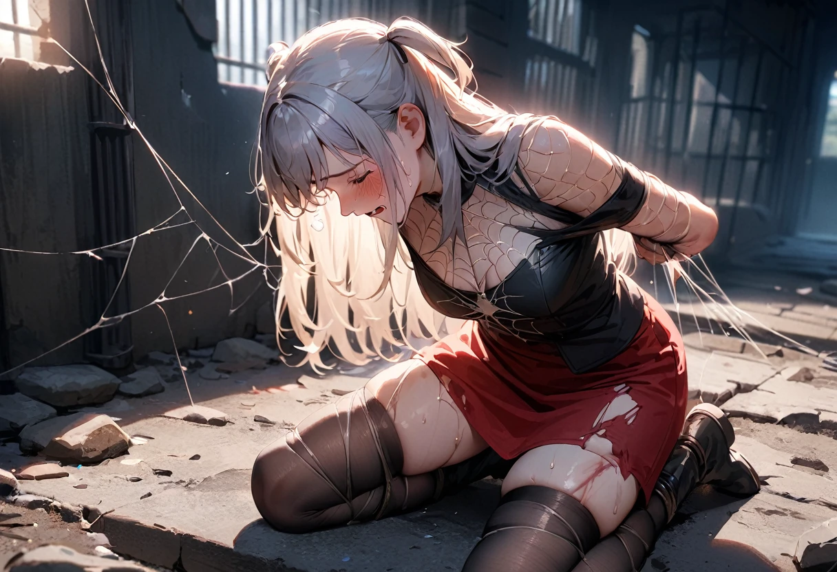 (best quality), (masterpiece), very aesthetic, absurdres, high res, all detailed, realistic, 1girl, (two side up), long hair, silver hair, (red pencil Dress, one side shoulders armor with Cape, red pencil miniskirt), medium cleavage, Gauntlet, boots, [black thigh-highs], [white panties], (injury skin, scar skin, bleeding skin, torn clothes:1.1), Broken Armor, BREAK (spiderweb, cobweb restrained, spiderweb bound limbs:1.2), zettai ryouiki, kneeling, (closed eyes), cry, tears, sigh, blush, sweat, (outdoors, prison), cinematic lighting, diffraction spikes, 