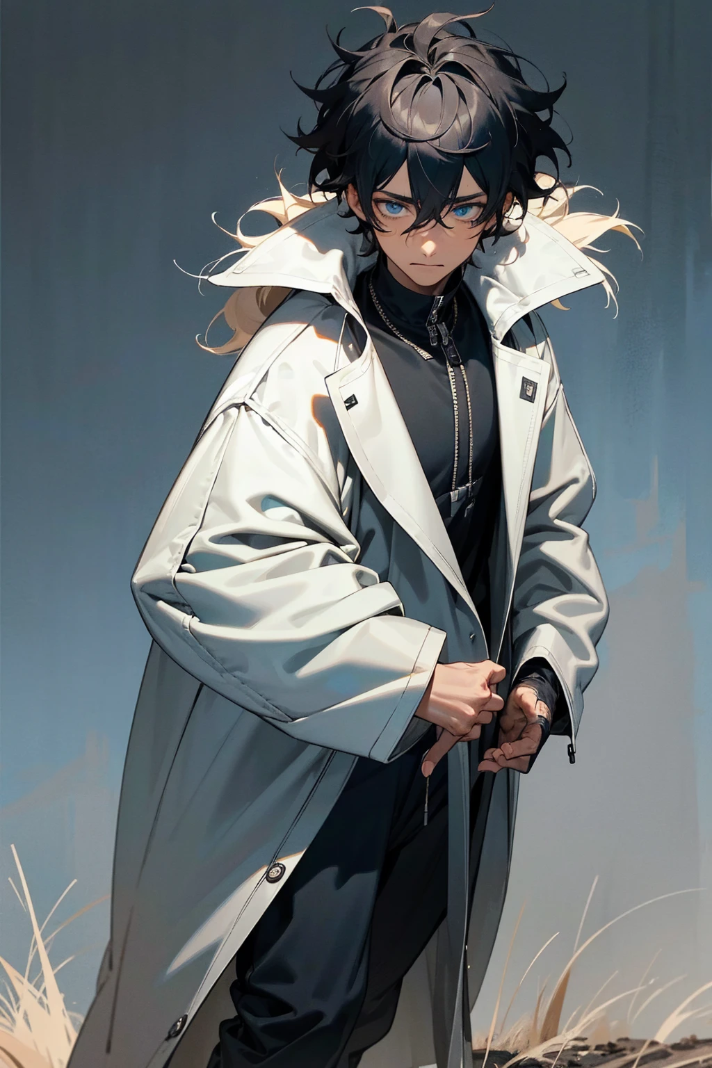 1male, tan skin, black highlighted hair, black and white hair,  messy hair, wavy hair, blue eyes, uninterested expression, (dark blue oversized coat), black joggers, black undershirt, bandaged clothing, grassland background, standing on path, hands to side