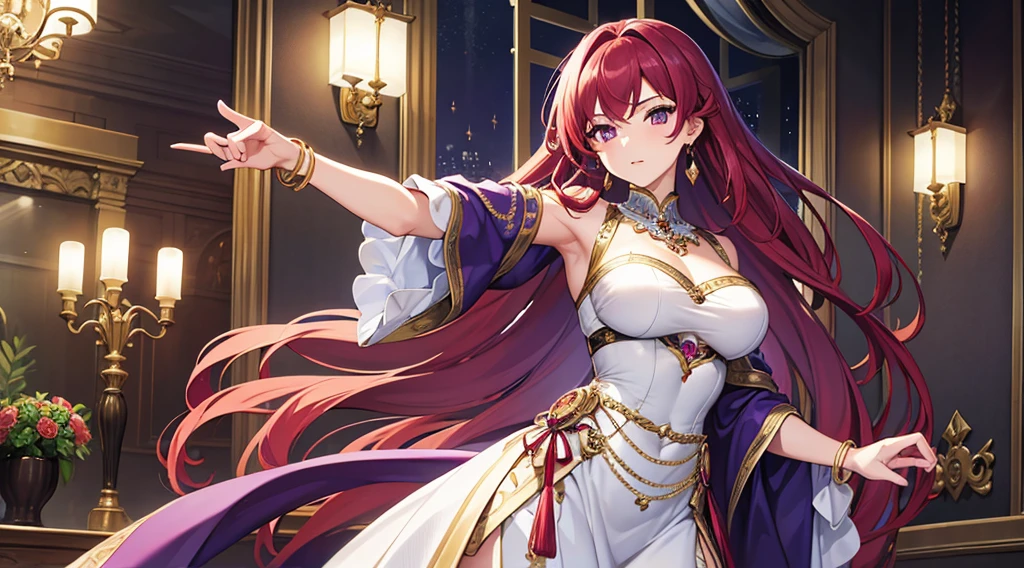 Highest quality, masterpiece, figure, wallpaper,One woman, Beautiful detailed woman, Highly detailed eyes and face, Beautiful attention to detail, Shine, View your viewers, Purple Eyes,,Bright Red Hair ,crisp finger, clear background, deep night、Big earrings、bracelet,28 years old,Are standing,gang