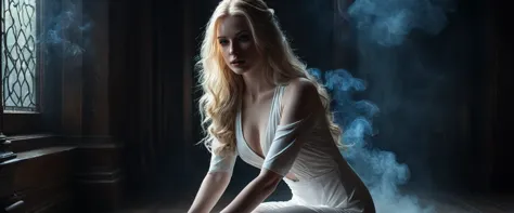 alluring blond woman with long hair, kneeling, blue eyes, pale skin, aesthetic body, hourglass figure, fit, wearing white transp...