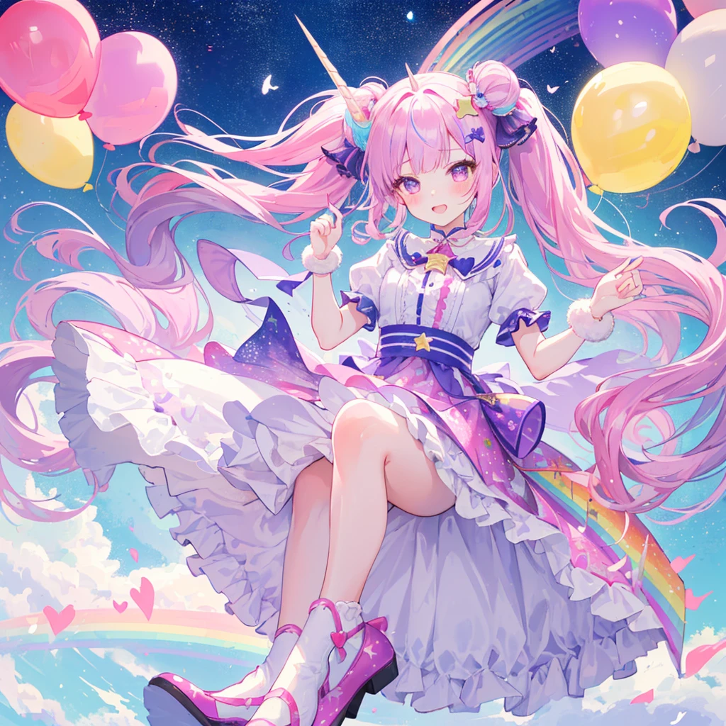 Expressive eyes, One girl, Pale skin, Long Hair, Windblown Hair, ((absurdly Long Hair)), Long Side Lock, Princess bangs, Hair bangs, Hair Bun, ((Very long twin tails)), Rainbow Hair, Light pink hair, blush, full face blush, big sparkling Pastel Purple eyes, (Gradient Eye), Laughing with your mouth open, cute pose, ((Holding a balloon : 1.3)) ((cute and pastel fashion)) ((🦄🎠🎈🎉 theme : 1.4)) A loose pastel dress, ((Dreamy multi-colored open dress)), (Floating ribbon), Lavender Frill, Pink frills, (Light blue lace), Removable short sleeves, Fluffy skirt, ((Rainbow and star printed skirt : 1.3)), Lolita Skirt, Purple ribbon, ((pom pom ribbon hair ornament : 1.4)), Multiple Bows, Striped lace stockings, (heart型のレッグガーター), cute (Pastel Purple) shoes ((Ultra-detailed clothing and fashion)) I&#39;m watching you, Vintage Girl, blush, (Beautiful attention to detail), (Highly detailed CG Unity 8k wallpaper) (Best Shadow), ((Very delicate and beautiful)), (Detailed light), ((Depth of written boundary)) Big Head, Big, bright eyes, Moe, Splash Art, Cinema Lighting, Front view, volumetric lighting maximalist photo illustration k resolution high resolution intricate detailed complex key visuals precise linear ((Dreamy pastel sky background, Surrounded by sunset clouds, shooting star, Castle above the clouds)) ((Ultra-detailed landscapes, Foggy clouds, Hung by balloons, heart : 1.3))