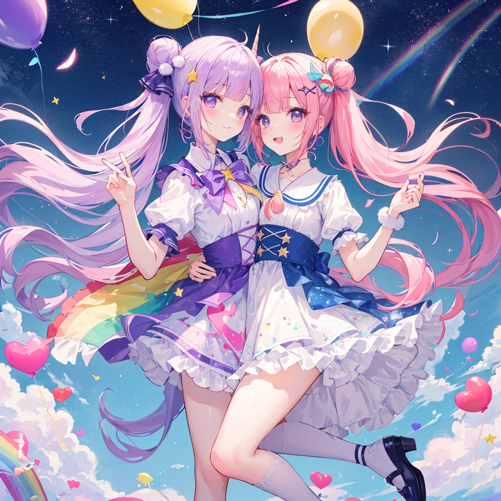 Expressive eyes, One girl, Pale skin, Long Hair, Windblown Hair, ((absurdly Long Hair)), Long Side Lock, Princess bangs, Hair bangs, Hair Bun, ((Very long twin tails)), Rainbow Hair, Light pink hair, blush, full face blush, big sparkling Pastel Purple eyes, (Gradient Eye), Laughing with your mouth open, cute pose, ((Holding a balloon : 1.3)) ((cute and pastel fashion)) ((🦄🎠🎈🎉 theme : 1.4)) A loose pastel dress, ((Dreamy multi-colored open dress)), (Floating ribbon), Lavender Frill, Pink frills, (Light blue lace), Removable short sleeves, Fluffy skirt, ((Rainbow and star printed skirt : 1.3)), Lolita Skirt, Purple ribbon, ((pom pom ribbon hair ornament : 1.4)), Multiple Bows, Striped lace stockings, (heart型のレッグガーター), cute (Pastel Purple) shoes ((Ultra-detailed clothing and fashion)) I&#39;m watching you, Vintage Girl, blush, (Beautiful attention to detail), (Highly detailed CG Unity 8k wallpaper) (Best Shadow), ((Very delicate and beautiful)), (Detailed light), ((Depth of written boundary)) Big Head, Big, bright eyes, Moe, Splash Art, Cinema Lighting, Front view, volumetric lighting maximalist photo illustration k resolution high resolution intricate detailed complex key visuals precise linear ((Dreamy pastel sky background, Surrounded by sunset clouds, shooting star, Castle above the clouds)) ((Ultra-detailed landscapes, Foggy clouds, Hung by balloons, heart : 1.3))