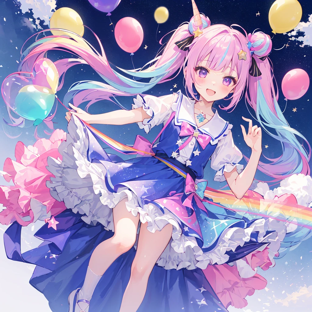 Expressive eyes, One girl, Pale skin, Long Hair, Windblown Hair, ((absurdly Long Hair)), Long Side Lock, Princess bangs, Hair bangs, Hair Bun, ((Very long twin tails)), Rainbow Hair, Light pink hair, blush, full face blush, big sparkling Pastel Purple eyes, (Gradient Eye), Laughing with your mouth open, cute pose, ((Holding a balloon : 1.3)) ((cute and pastel fashion)) ((🦄🎠🎈🎉 theme : 1.4)) A loose pastel dress, ((Dreamy multi-colored open dress)), (Floating ribbon), Lavender Frill, Pink frills, (Light blue lace), Removable short sleeves, Fluffy skirt, ((Rainbow and star printed skirt : 1.3)), Lolita Skirt, Purple ribbon, ((pom pom ribbon hair ornament : 1.4)), Multiple Bows, Striped lace stockings, (heart型のレッグガーター), cute (Pastel Purple) shoes ((Ultra-detailed clothing and fashion)) I&#39;m watching you, Vintage Girl, blush, (Beautiful attention to detail), (Highly detailed CG Unity 8k wallpaper) (Best Shadow), ((Very delicate and beautiful)), (Detailed light), ((Depth of written boundary)) Big Head, Big, bright eyes, Moe, Splash Art, Cinema Lighting, Front view, volumetric lighting maximalist photo illustration k resolution high resolution intricate detailed complex key visuals precise linear ((Dreamy pastel sky background, Surrounded by sunset clouds, shooting star, Castle above the clouds)) ((Ultra-detailed landscapes, Foggy clouds, Hung by balloons, heart : 1.3))