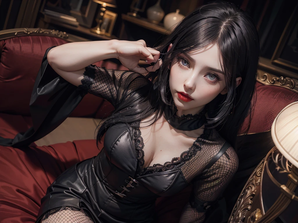 (best quality,highres),(realistic:1.37),dark,goth,woman, eyes,detailed face,black clothes,bobcut black hair,straight bangs,pale skin,red lipstick,intense expression,mysterious atmosphere,gothic background,dim lighting,night,vivid colors, fishnets, topless, fullbody, on her hands and knees, submissive girl, thick thigs, imminent deepthroat, cumshot pose,