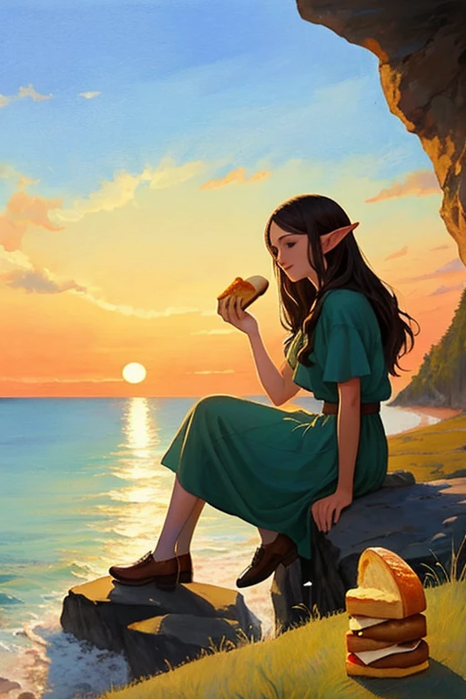 A pictorial work of art by the artist Arwen. a captivating watercolor in warm colors, you can see an attractive elf eating a bread from the road, this 
with views of the sea sitting on a rock on the side of a cliff.
The image is seen against a sunset background that evokes peace and tranquility to the viewer, a play of shadows that makes the painting stand out.