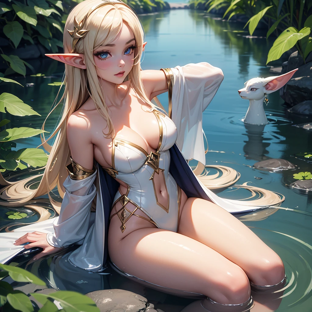 Very detailed CG (pretty eyes, seductive expression, Abra digital master in 3D render by artist arwen. The image is represented by a seductive and feminine elf with seductive pose inside a lake or reservoir, the character is manipulating the water with his hands, It is a mystical and magical image. The image is a portrait in 8K high definition, It has intricate details giving a feeling of mysticism to the viewer..