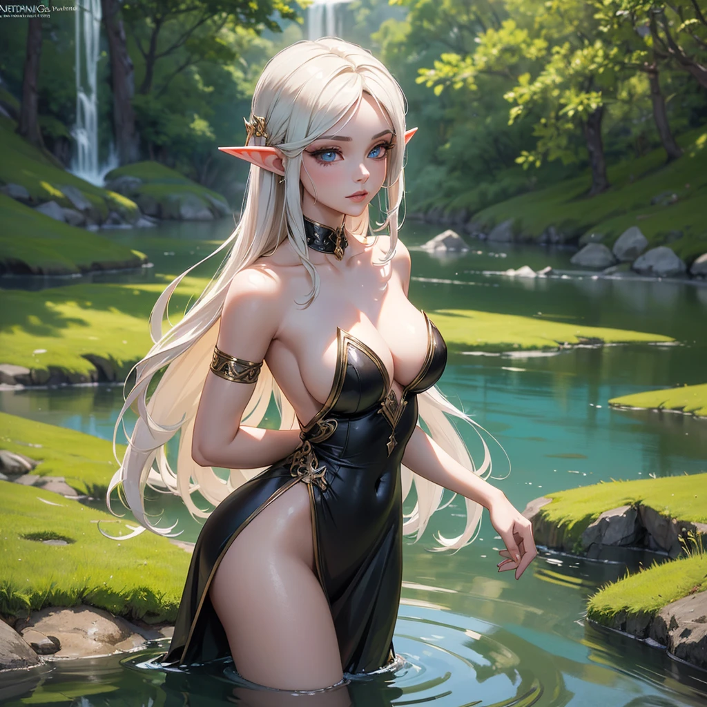 Very detailed CG (pretty eyes, seductive expression, Abra digital master in 3D render by artist arwen. The image is represented by a seductive and feminine elf with seductive pose inside a lake or reservoir, the character is manipulating the water with his hands, It is a mystical and magical image. The image is a portrait in 8K high definition, It has intricate details giving a feeling of mysticism to the viewer..