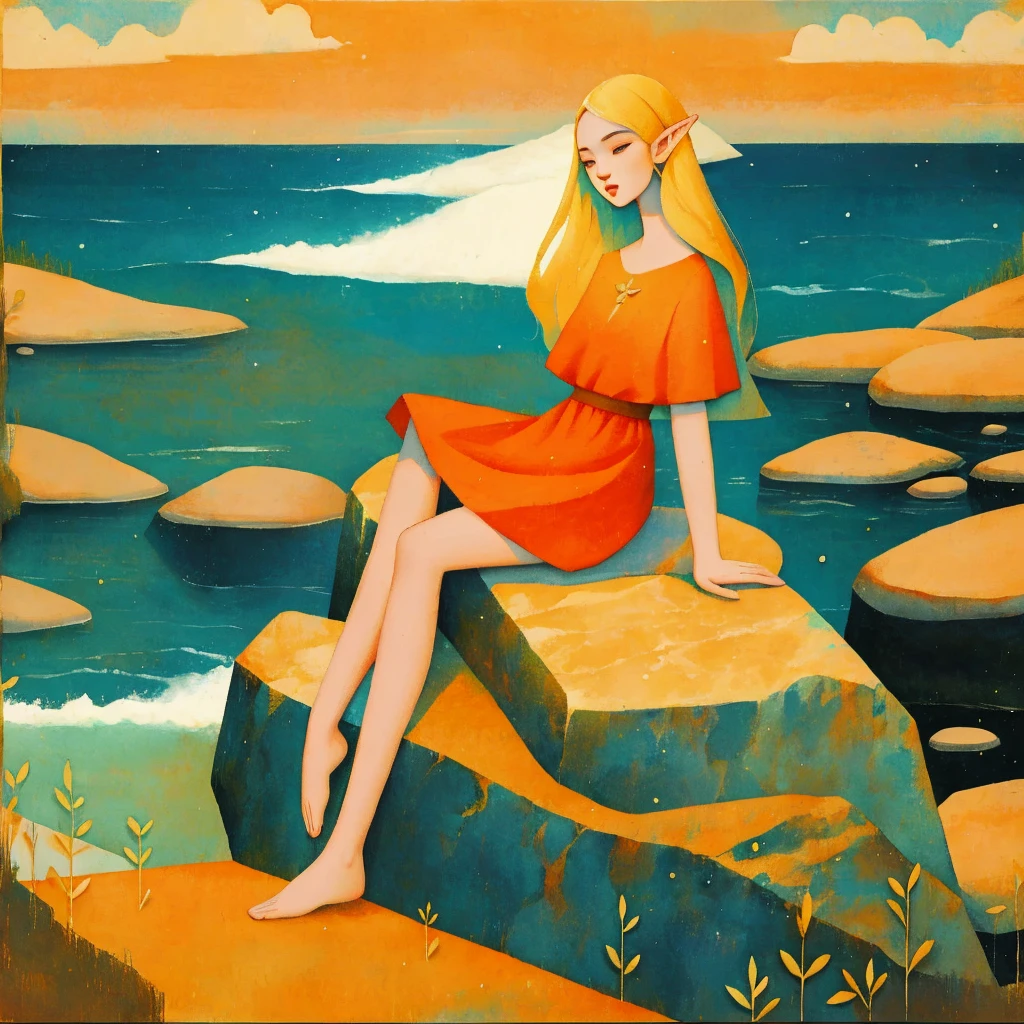 A pictorial work of art by the artist Arwen. a captivating watercolor in warm colors, you can see an attractive elf eating a bread from the road, this 
with views of the sea sitting on a rock on the side of a cliff.
The image is seen against a sunset background that evokes peace and tranquility to the viewer, a play of shadows that makes the painting stand out.