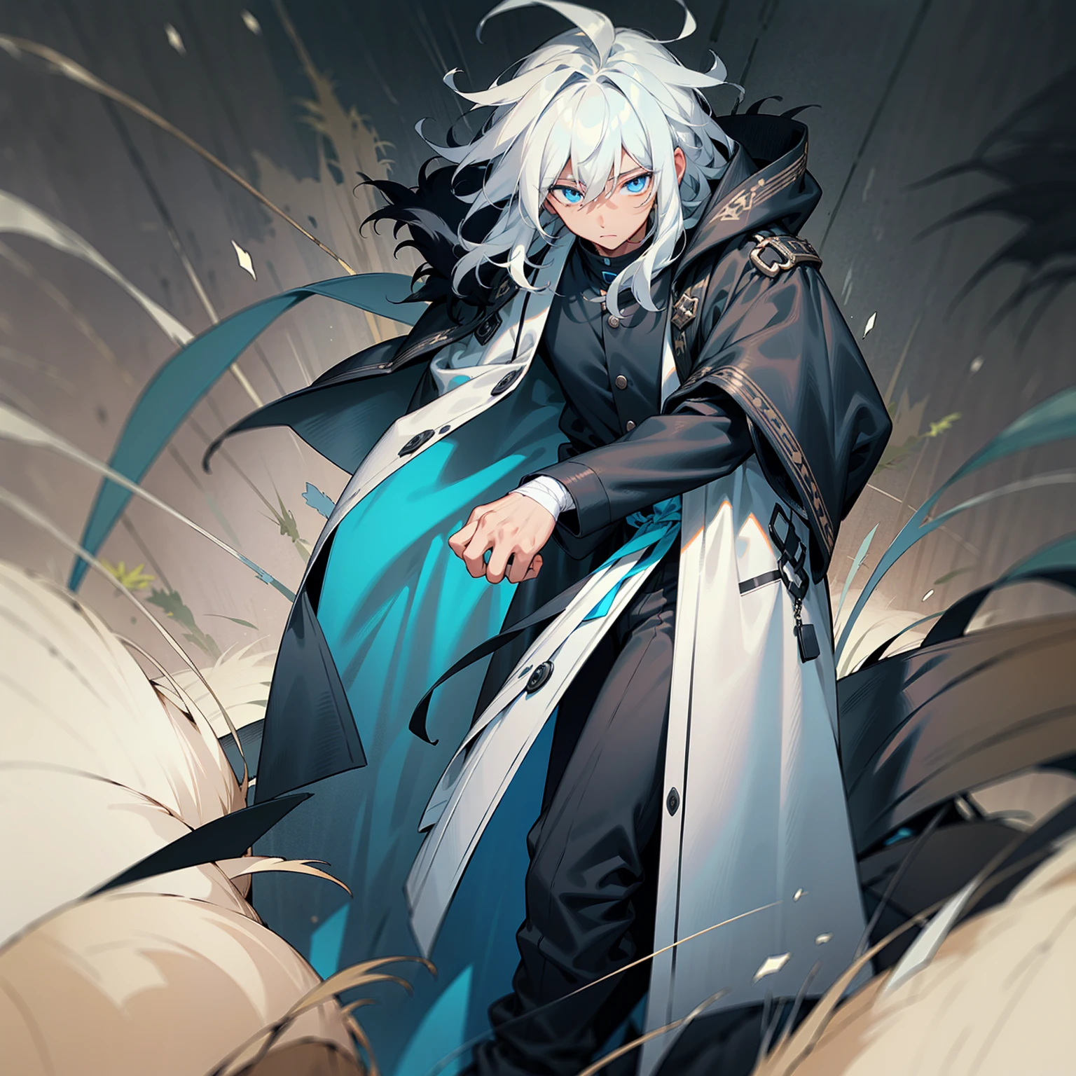 1male, tan skin, black highlighted hair, black and white hair, messy hair, wavy hair, blue eyes, uninterested expression, (dark blue oversized coat), black joggers, black undershirt, bandaged clothing, grassland background, standing on path, hands to side