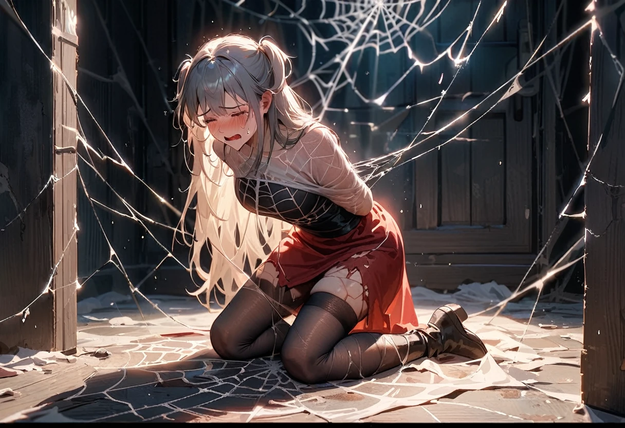 (best quality), (masterpiece), very aesthetic, absurdres, high res, all detailed, realistic, 1girl, (two side up), long hair, silver hair, (red pencil Dress, one side shoulders armor with Cape, red pencil miniskirt), medium cleavage, Gauntlet, boots, [black thigh-highs], [white panties], (injury skin, scar skin, bleeding skin, torn clothes:1.1), Broken Armor, BREAK (spiderweb, cobweb restrained, spider web covering the room, tangled strands of the web:1.2), zettai ryouiki, kneeling, (closed eyes), cry, tears, sigh, blush, sweat, (prison), cinematic lighting, diffraction spikes, 