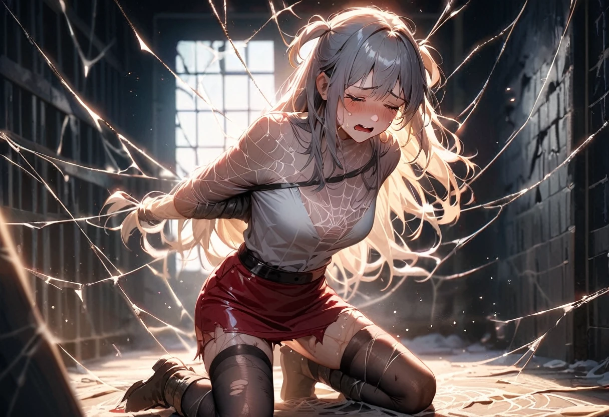 (best quality), (masterpiece), very aesthetic, absurdres, high res, all detailed, realistic, 1girl, (two side up), long hair, silver hair, (red pencil Dress, one side shoulders armor with Cape, red pencil miniskirt), medium cleavage, Gauntlet, boots, [black thigh-highs], [white panties], (injury skin, scar skin, bleeding skin, torn clothes:1.1), Broken Armor, BREAK (spiderweb, cobweb restrained, spider web covering the room, tangled strands of the web:1.2), zettai ryouiki, kneeling, (closed eyes), cry, tears, sigh, blush, sweat, (prison), cinematic lighting, diffraction spikes, 