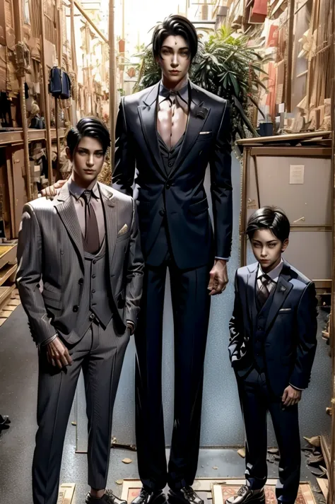 Tall wife in the middle, short husband in the left, short son in the right, beautiful faces, wife is wearing suit and pants, wif...